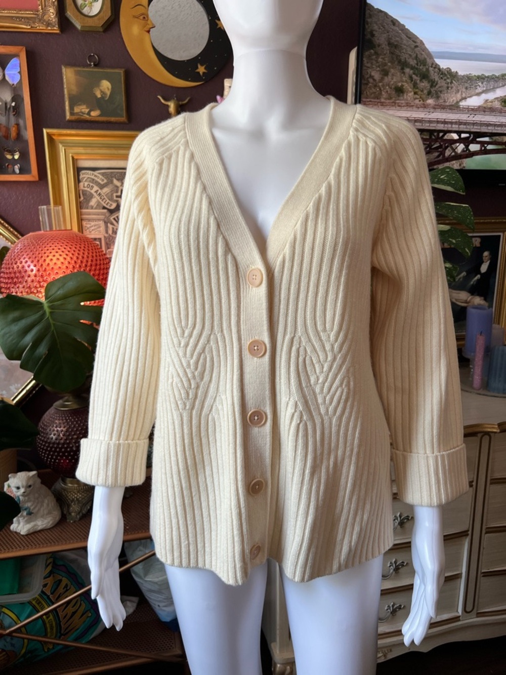Talbots Merino Wool Cream Ivory Cardigan Size Large